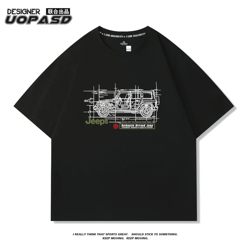 吉普车印花 美式短袖t恤男夏季黑色纯棉男生潮牌大码男士休闲半袖