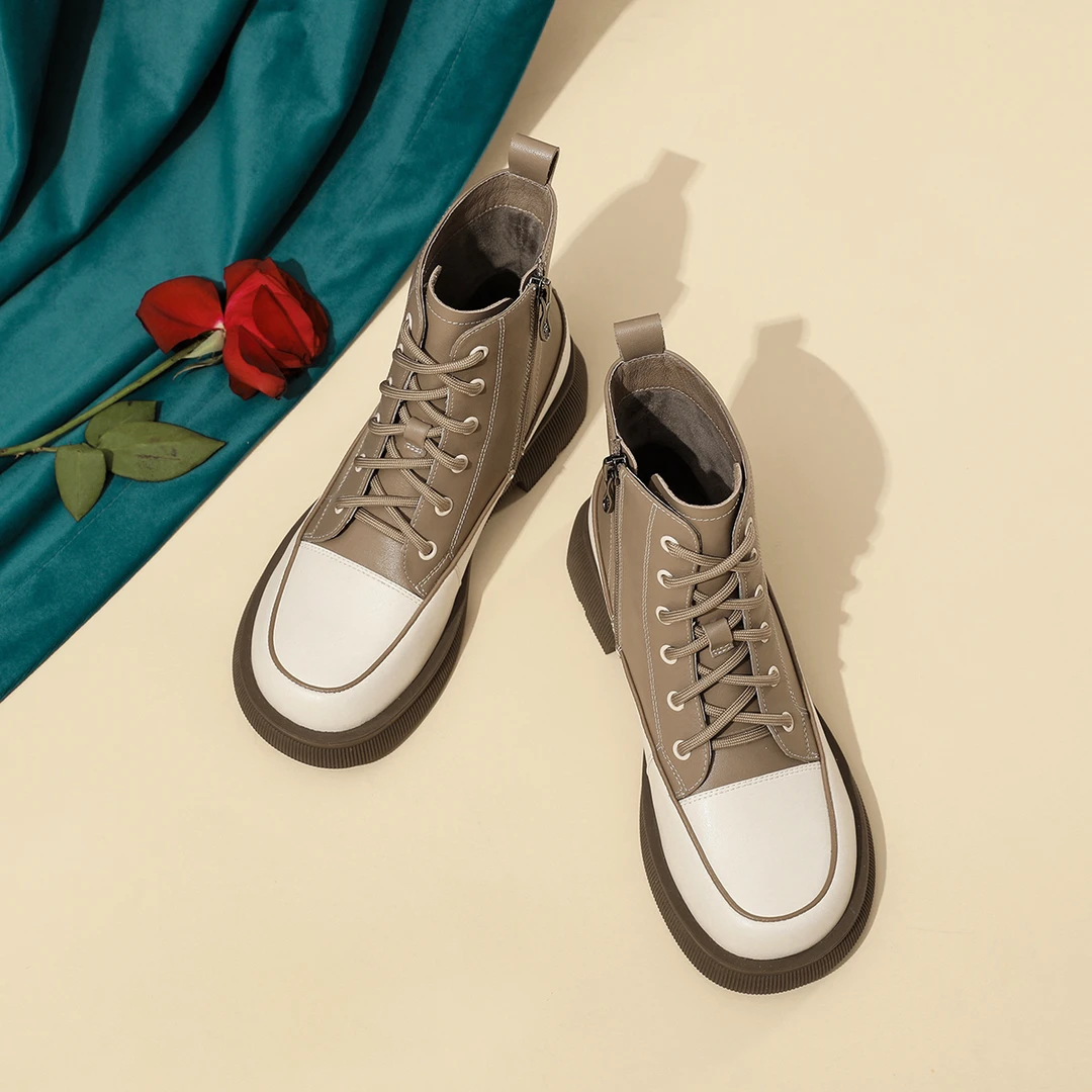 Satchi/沙驰绒里牛皮拼接简约学院休闲靴潮酷马丁靴高帮保暖女鞋