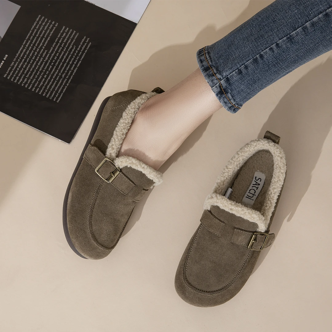 沙驰 厚底乐福鞋冬季豆豆鞋百搭外穿加绒平底保暖一脚蹬女鞋