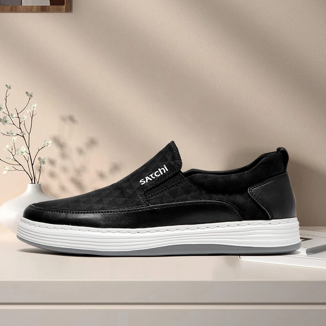 织物/牛皮拼接 一脚蹬休闲轻质舒适板鞋男鞋