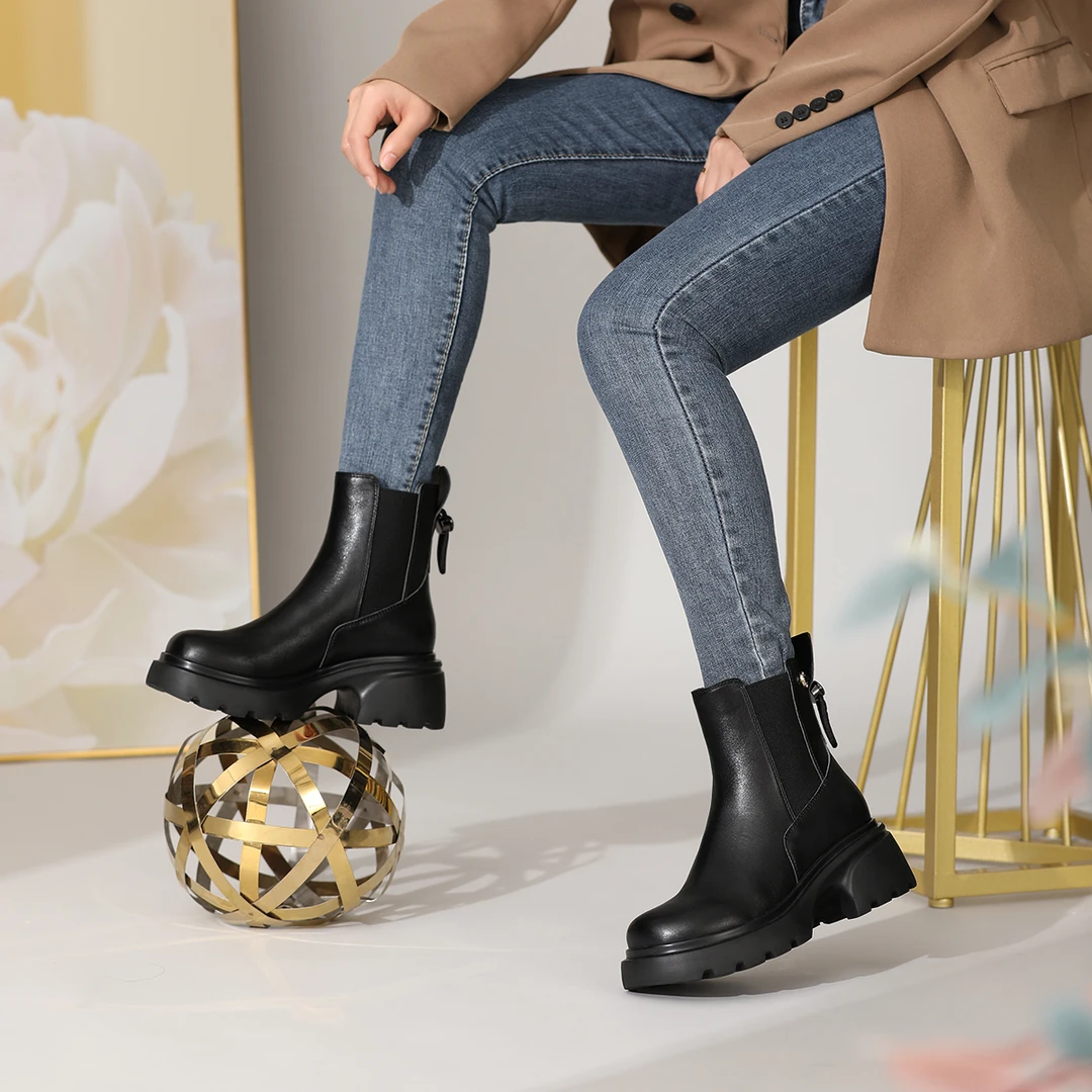 沙驰【加绒牛皮烟筒靴】潮酷保暖百搭切尔西靴时尚短靴