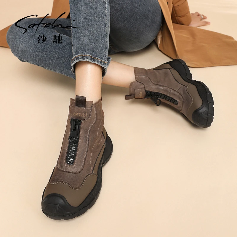 沙驰【加绒工装靴】厚底增高休闲女靴登山靴保暖户外马丁靴