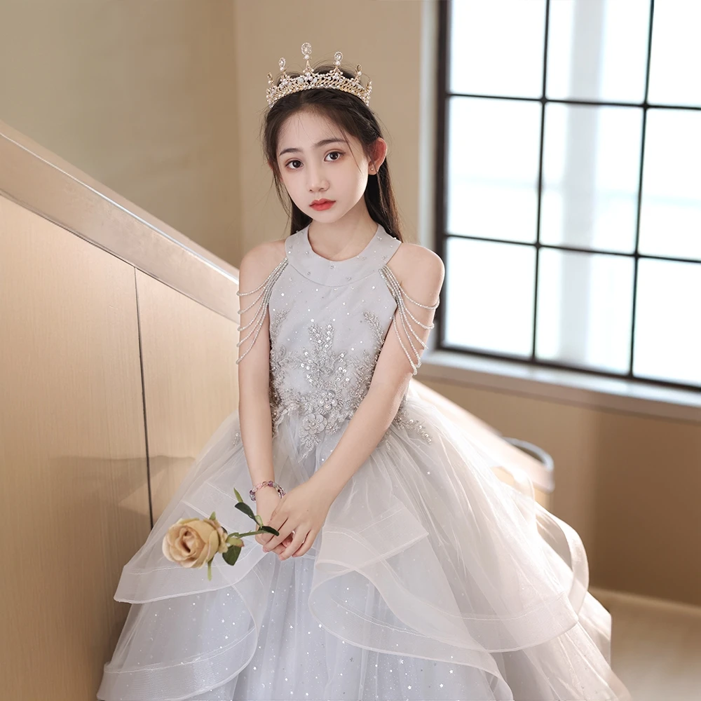 女童晚礼服公主裙银色花童生日礼服主持人钢琴演奏服婚礼花童裙