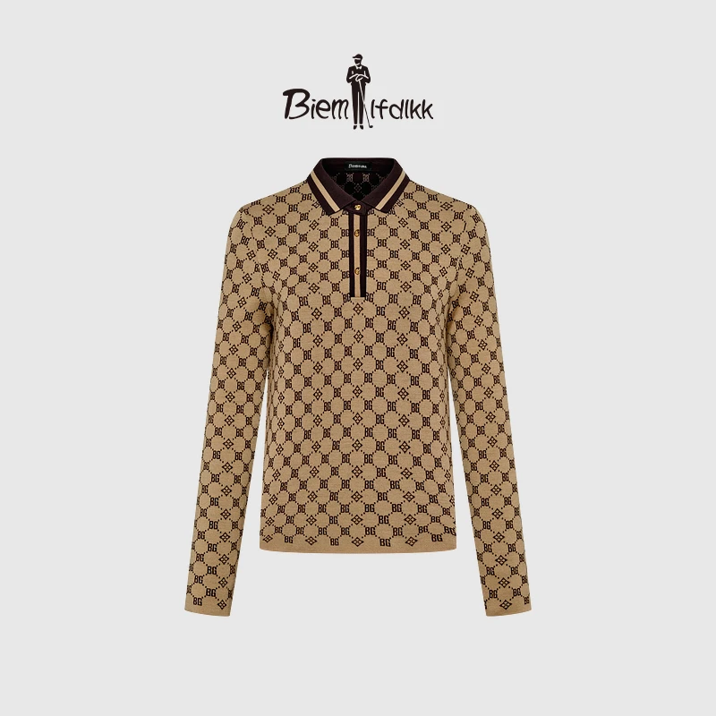 【绵羊毛】比音勒芬春秋高级感女菱形格老花满印撞色翻领羊毛衫