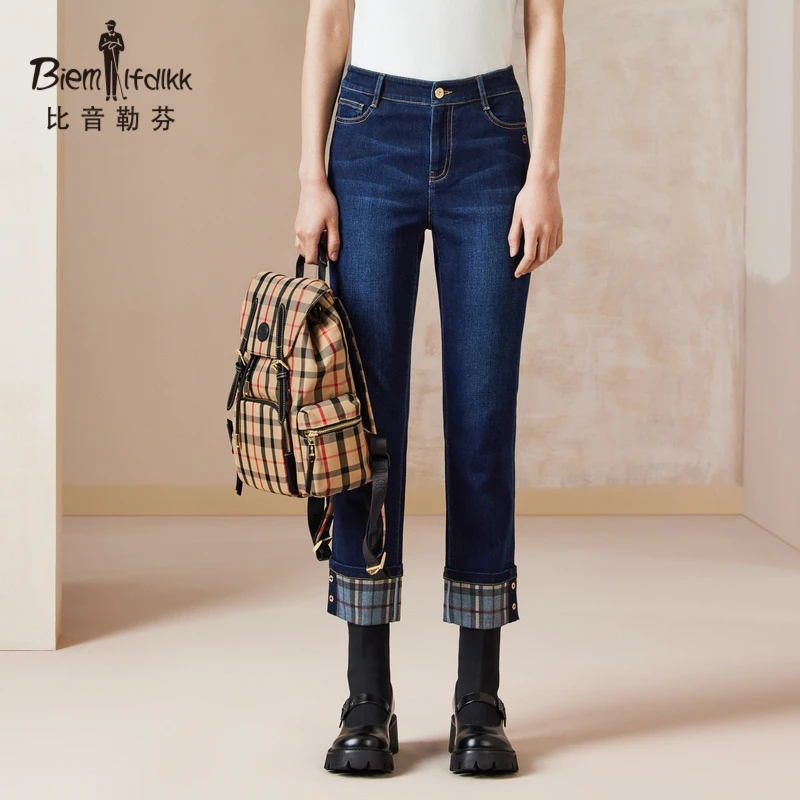 【银葱纱线】比音勒芬秋季女士时尚格纹印花高弹直筒复古牛仔长裤