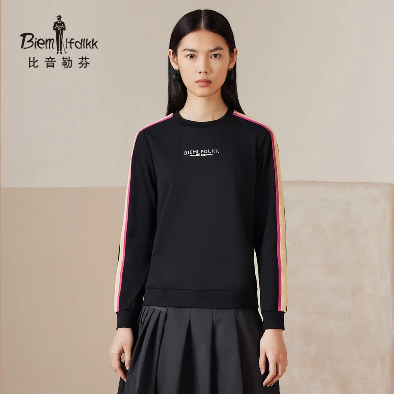 【触感功能纤维】比音勒芬秋季女士休闲撞色织带长袖圆领卫衣秋冬