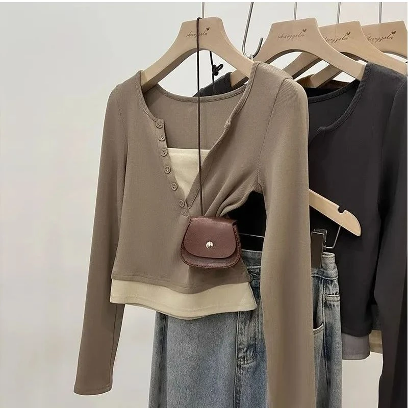 美式复古辣妹长袖t恤2023年新款春秋设计感显瘦遮肉短款上衣ins潮