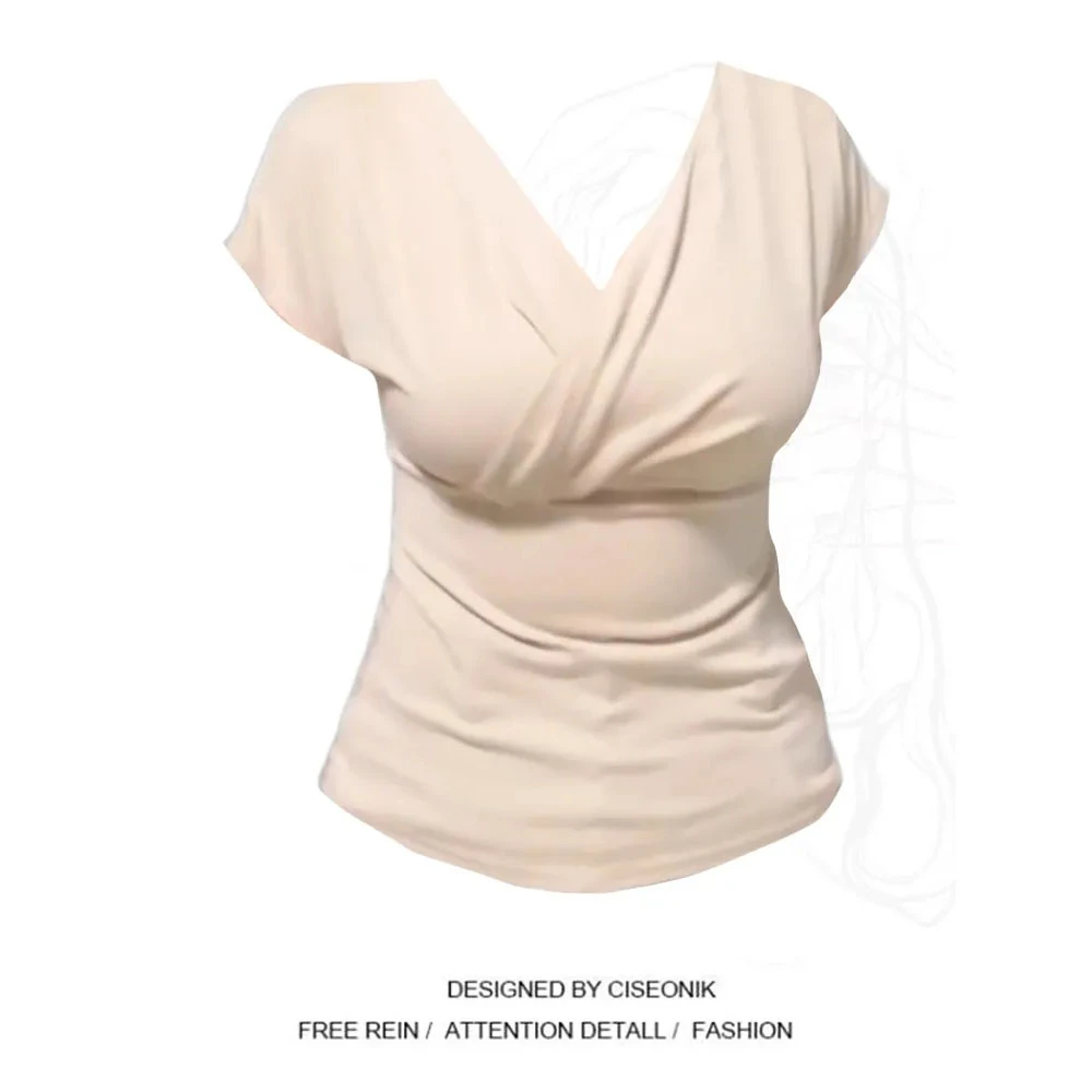 大码女装胖MM正肩v领短袖T恤夏季新款辣妹风修身短款显瘦遮肉上衣