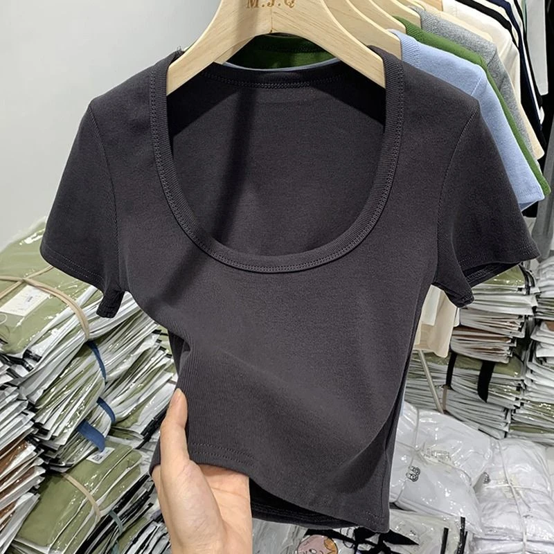 胖mm大码女装纯色短袖t恤夏季新款修身显瘦遮肉纯欲风辣妹上衣ins