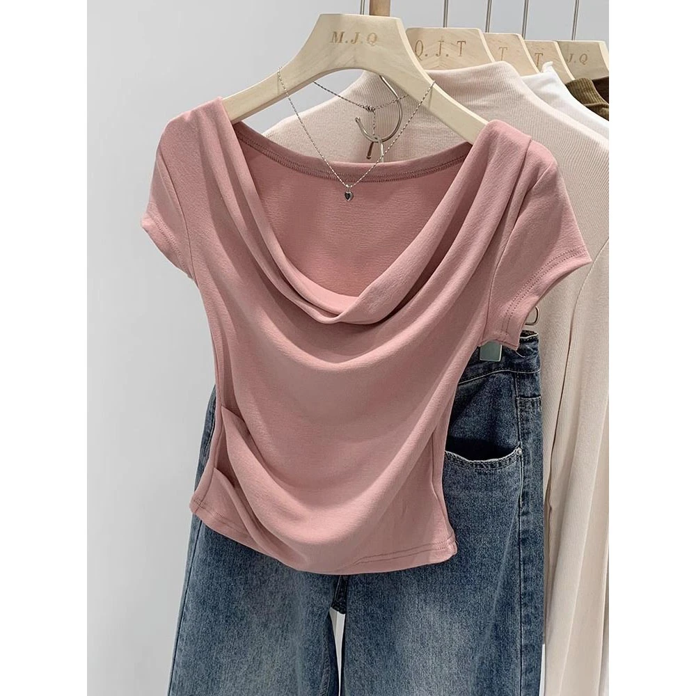 大码女装夏季新款修身显瘦遮肉短袖t恤设计感小众别致上衣服ins潮