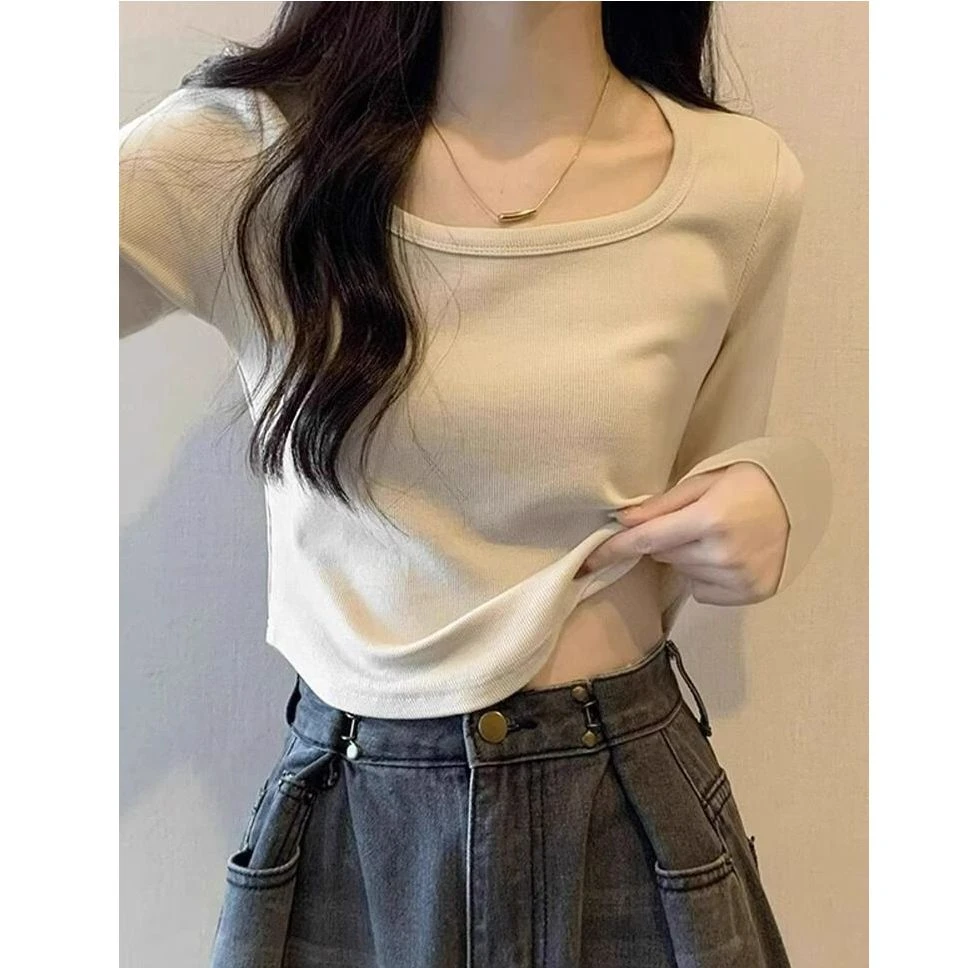 纯棉大码正肩小众长袖T恤女新款秋冬内搭修身辣妹打底衫上衣ins潮