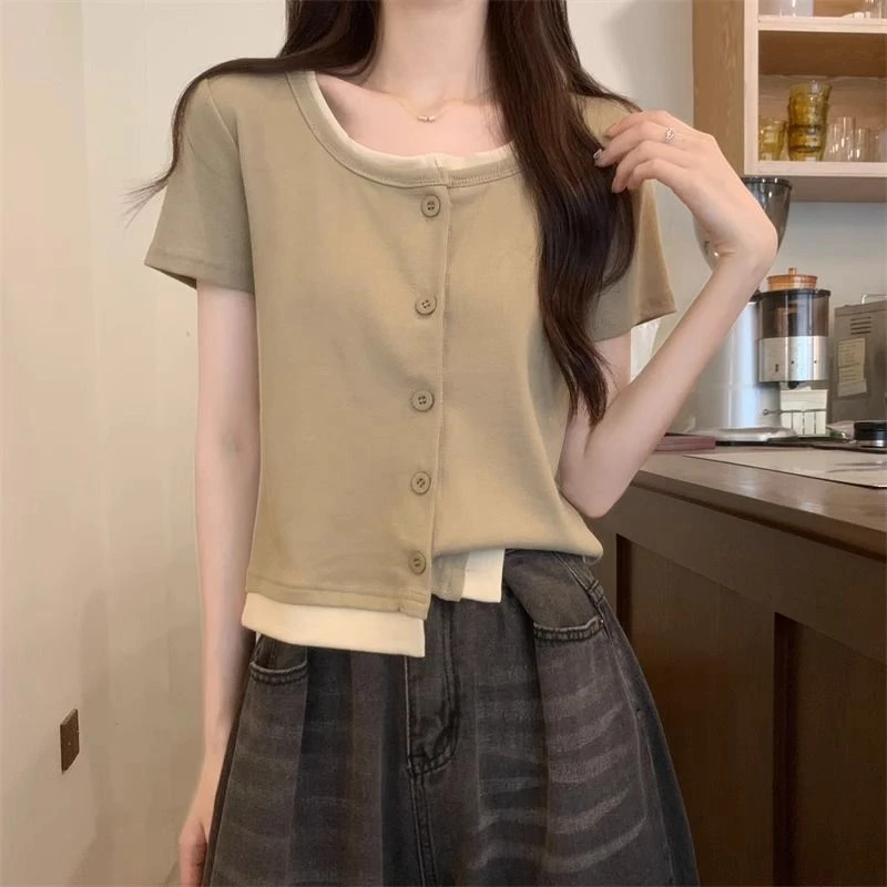 大码女装夏季新款假两件正肩短袖t恤设计感小众撞色拼接上衣ins潮