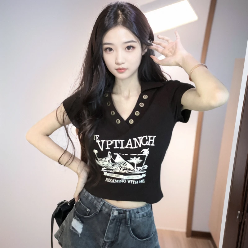 大码夏季新款美式辣妹正肩v领短袖t恤女设计感小众别致短款上衣服