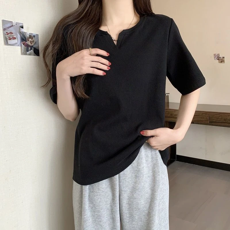 大码女装夏季新款胖mm正肩简约短袖t恤宽松显瘦遮肉纯色百搭上衣