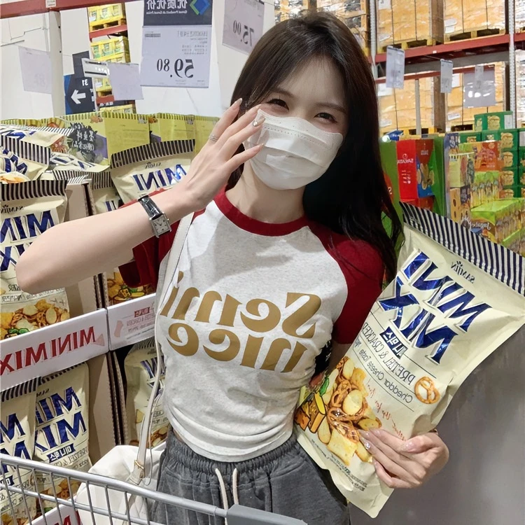 纯棉大码胖MM撞色美式正肩短袖T恤女夏季2023新款小众ins抽绳上衣