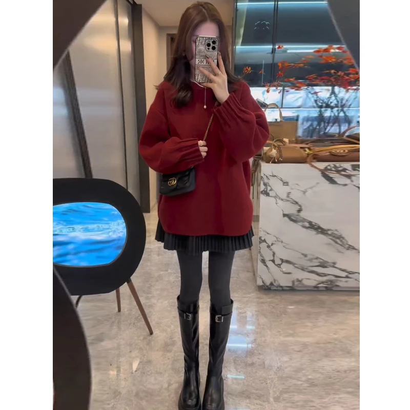 冬天穿搭套装女慵懒风高级感气质减龄红色针织毛衣百褶裙两件套
