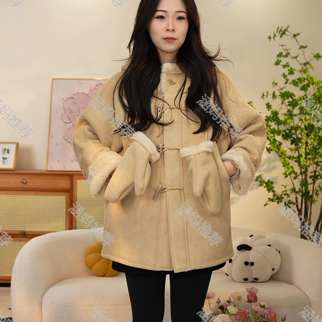【涵妈推荐】女童冬季外套新款洋气中大童加绒加厚连帽皮毛一体大衣