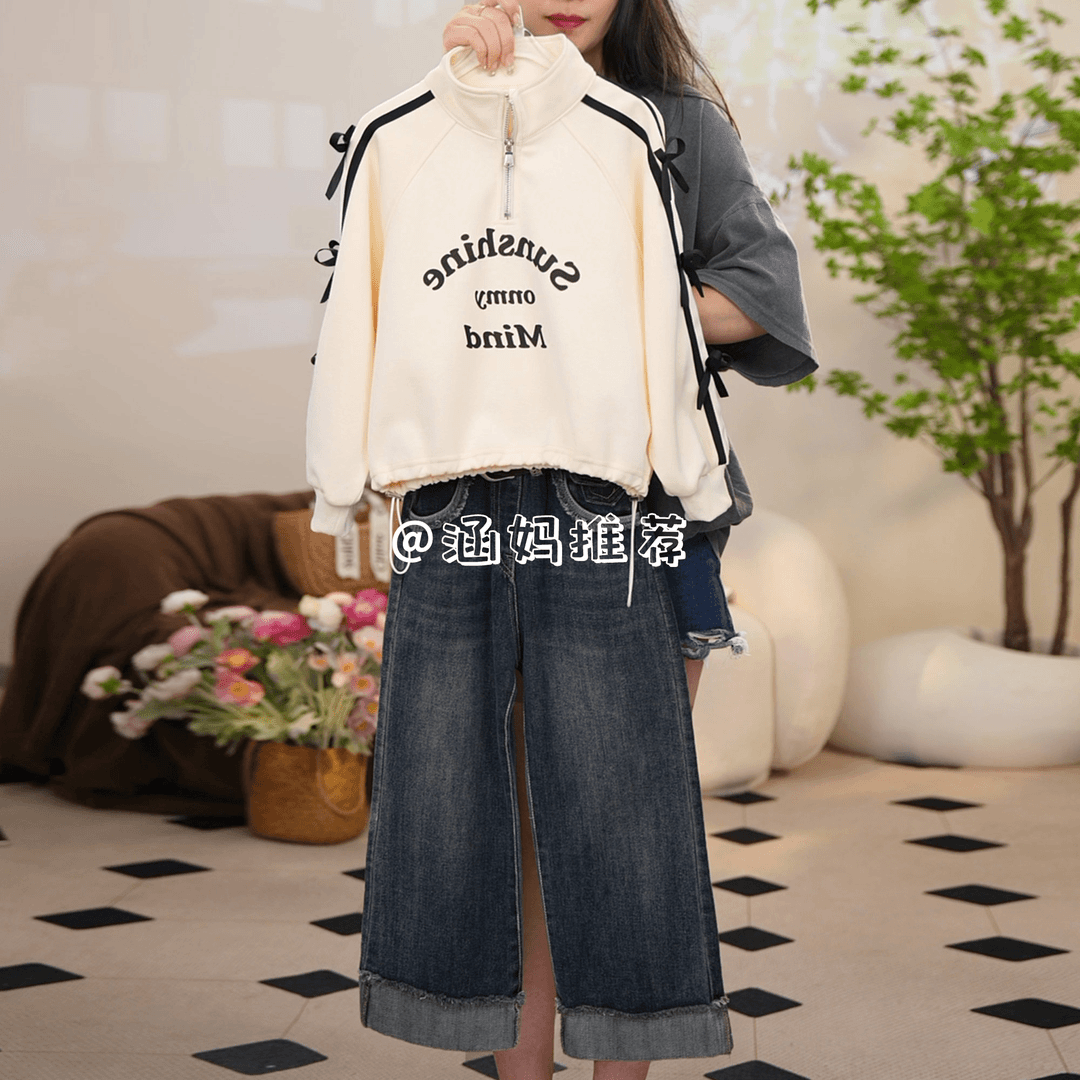 【涵妈推荐】女童春秋套装韩版中大童米色蝴蝶结卫衣牛仔裤两件套