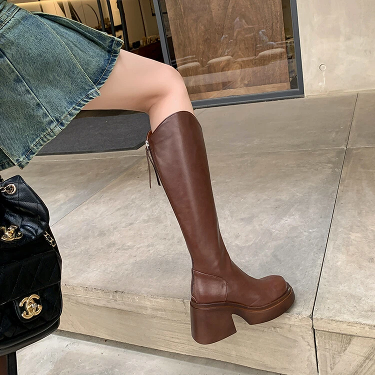里外真皮/厚底8cm/小个子/V口高跟长筒靴女圆头不过膝高筒骑士靴