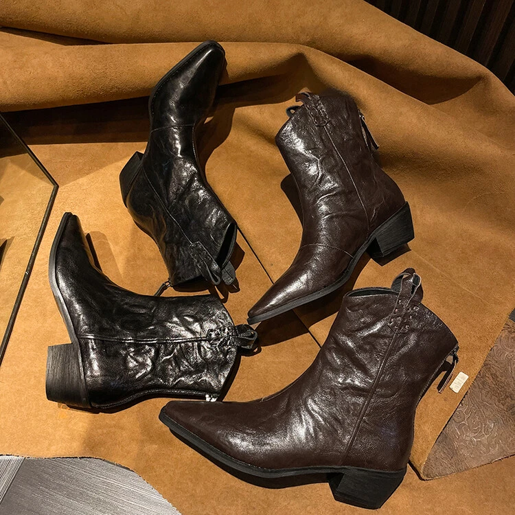 米兰~真皮/5cm/手抓纹/羊皮褶皱复古西部牛仔靴小方头粗跟短靴女