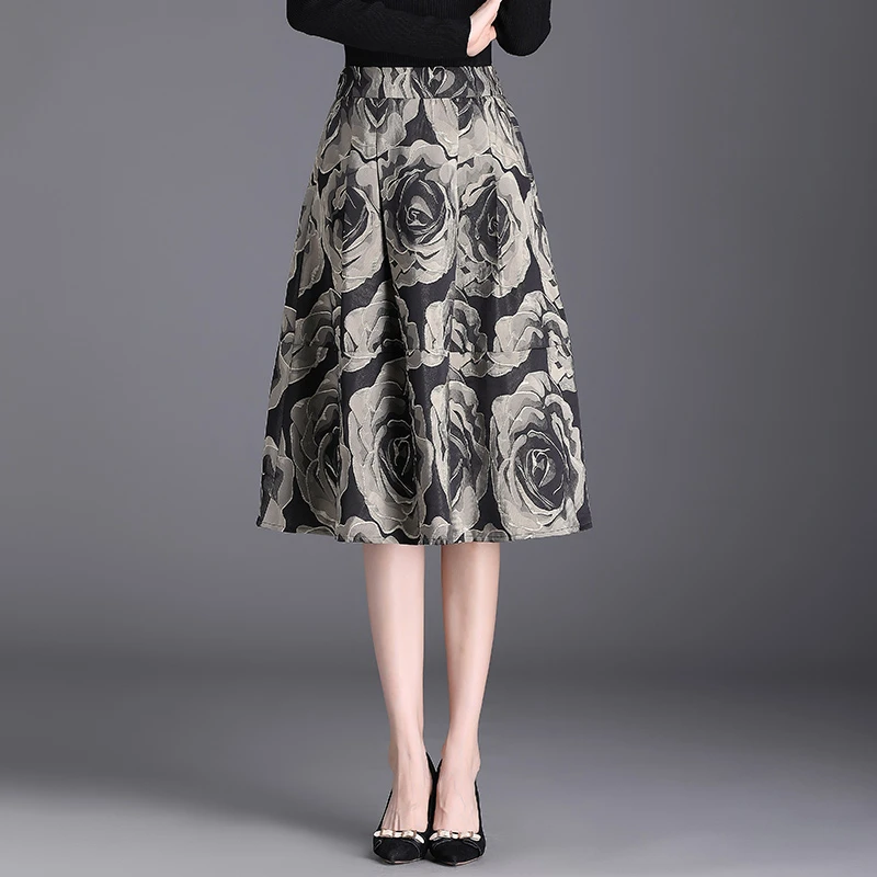 复古提花伞裙半身裙女春季新款高腰气质蓬蓬a字裙中长印花裙