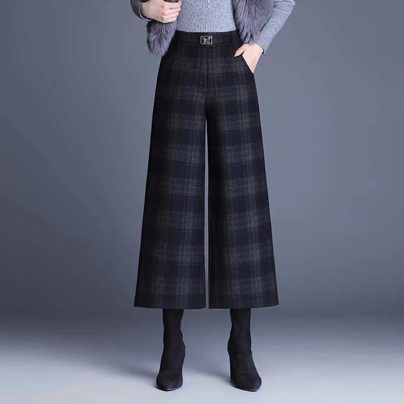 毛呢格子阔腿裤女秋冬新款高腰中老年妈妈装休闲裤九分靴裤厚