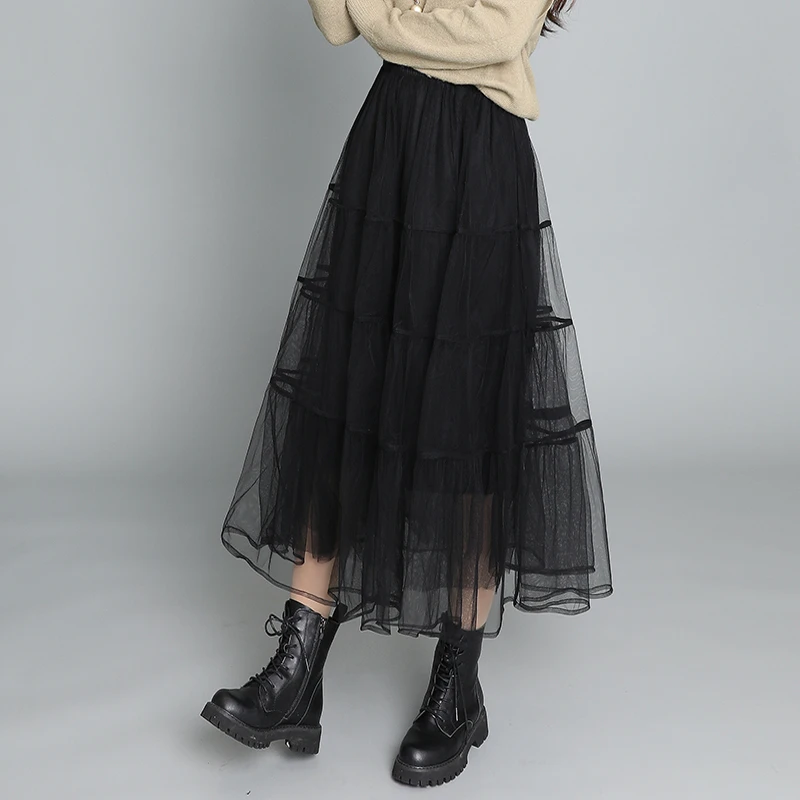 松紧腰网纱蓬蓬裙高腰A字裙女春秋新款百搭显瘦半身裙中长裙