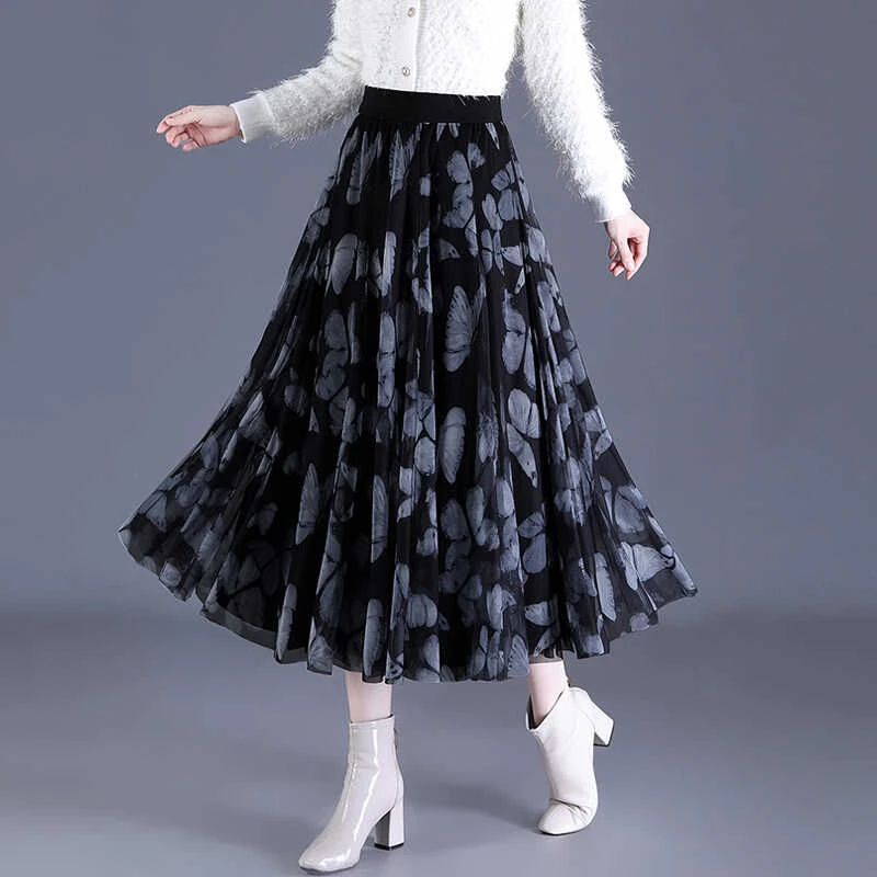 秋冬新款两面穿印花网纱裙半身裙女垂感气质中长款a字大摆裙