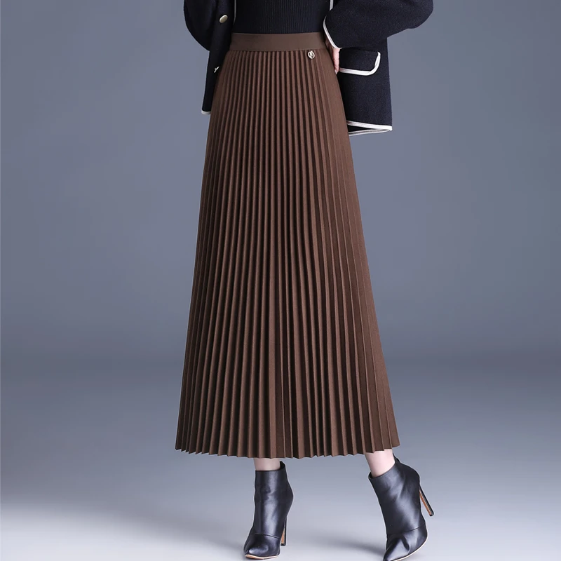 百褶裙女秋冬毛呢长裙子2025新款高腰显瘦半身裙垂感气质a字裙厚