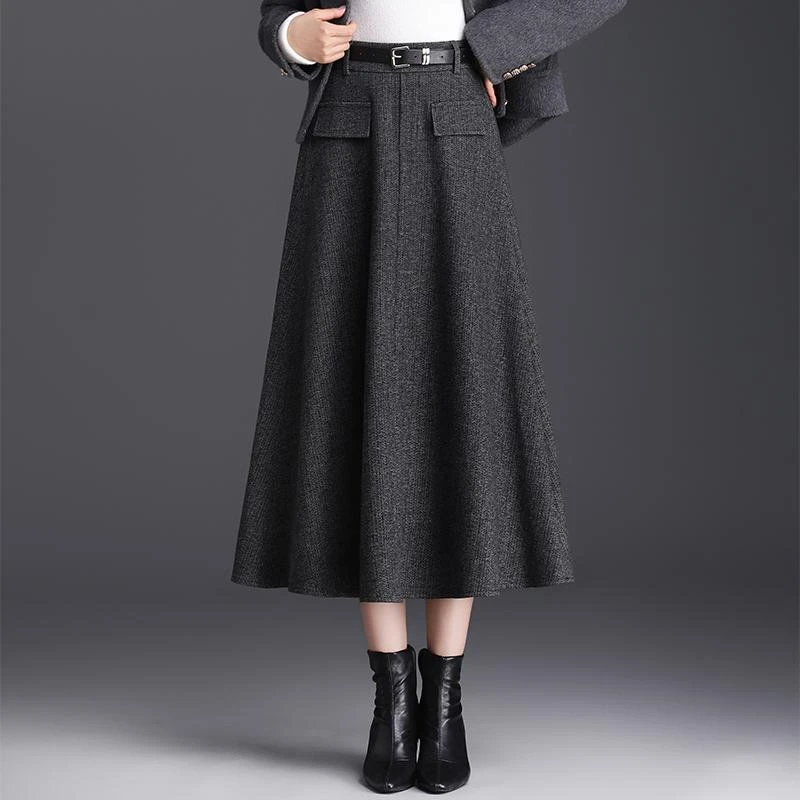 灰色毛呢半身裙女秋冬新款轻奢高腰显瘦a字裙中长款通勤伞裙