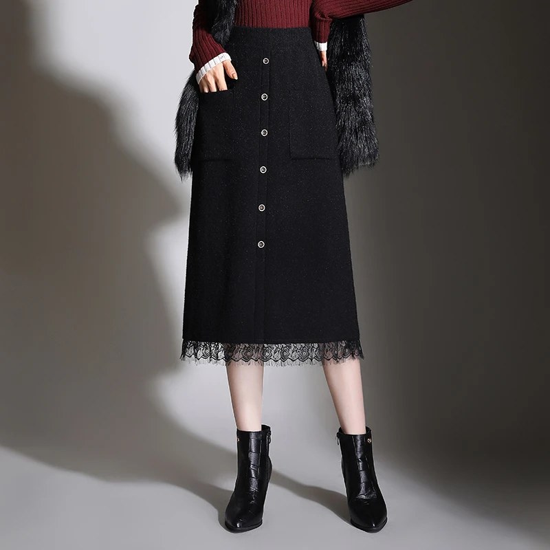 针织半身裙女秋冬新款高腰中长款A字裙时尚气质蕾丝边毛线裙