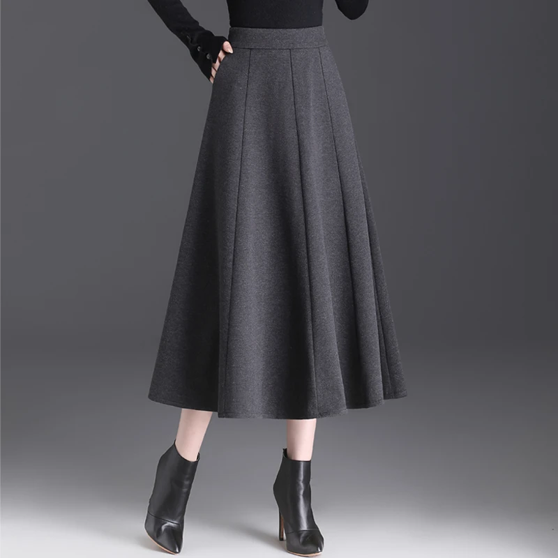 毛呢半身裙女秋冬高腰八片裙中长款A字裙大摆裙垂感厚款裙子