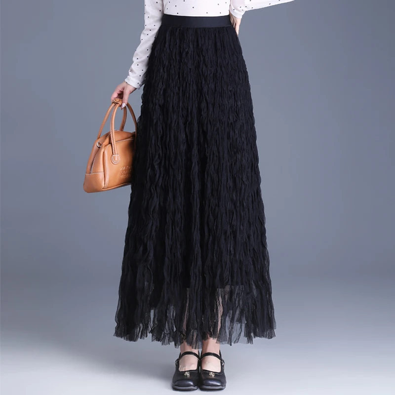 褶皱网纱长裙半身裙女春秋季新款高腰气质半身裙减龄显瘦a字裙