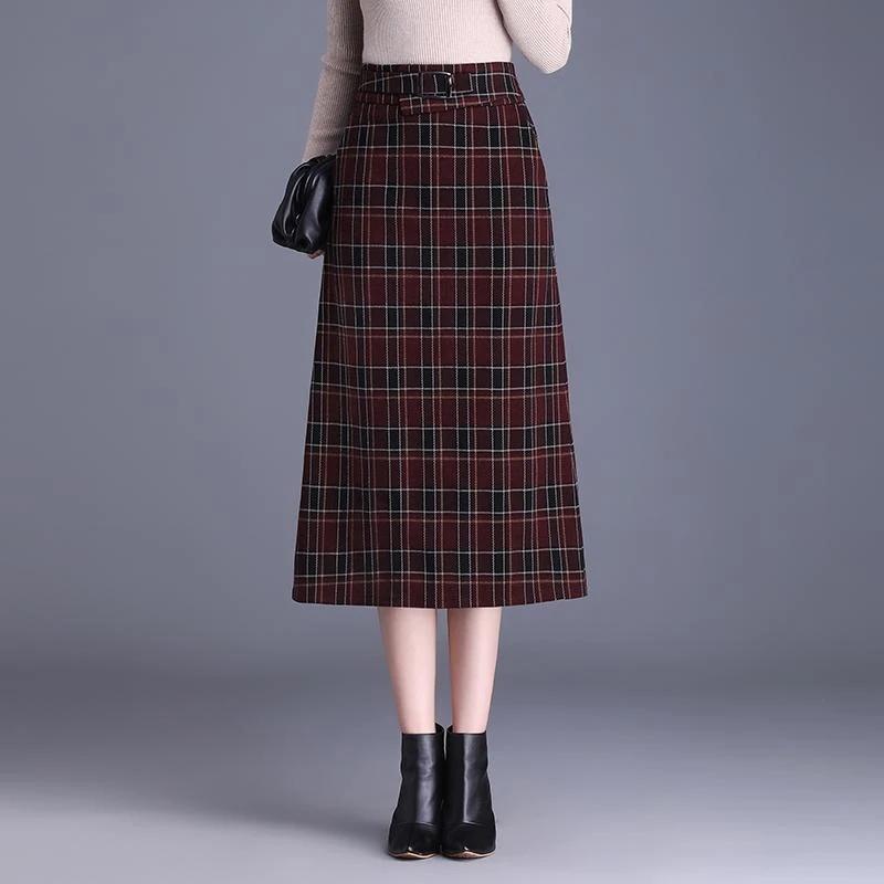 格纹毛呢A字包臀裙女秋冬新款遮肚松紧腰显瘦复古中长开叉一步裙