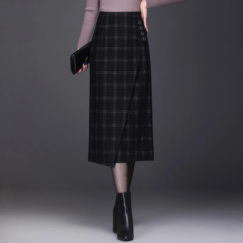 毛呢格子直筒裙女春秋中长款半身裙2025新款显瘦高腰包臀裙一步裙