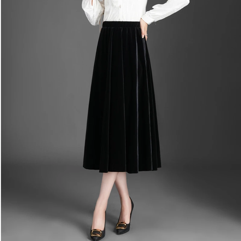 黑色显瘦垂感金丝绒半身裙子女春季新款松紧高腰a字裙中长休闲裙