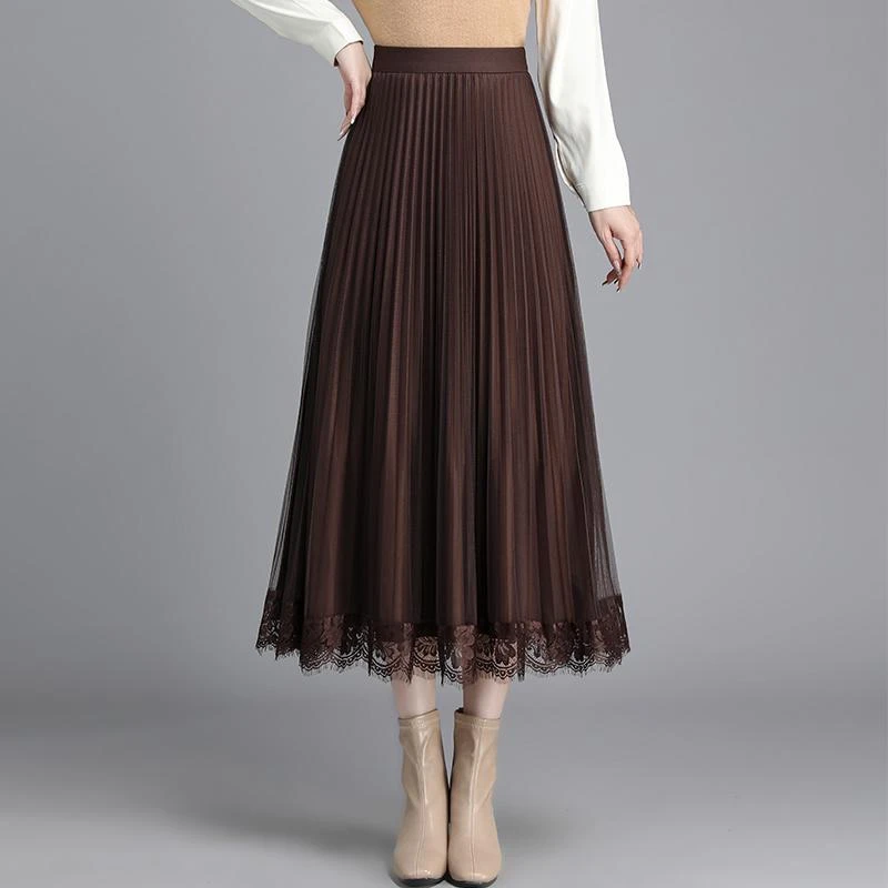 两面穿网纱百褶裙女秋冬新款高腰中长款垂感显瘦a字半身裙子