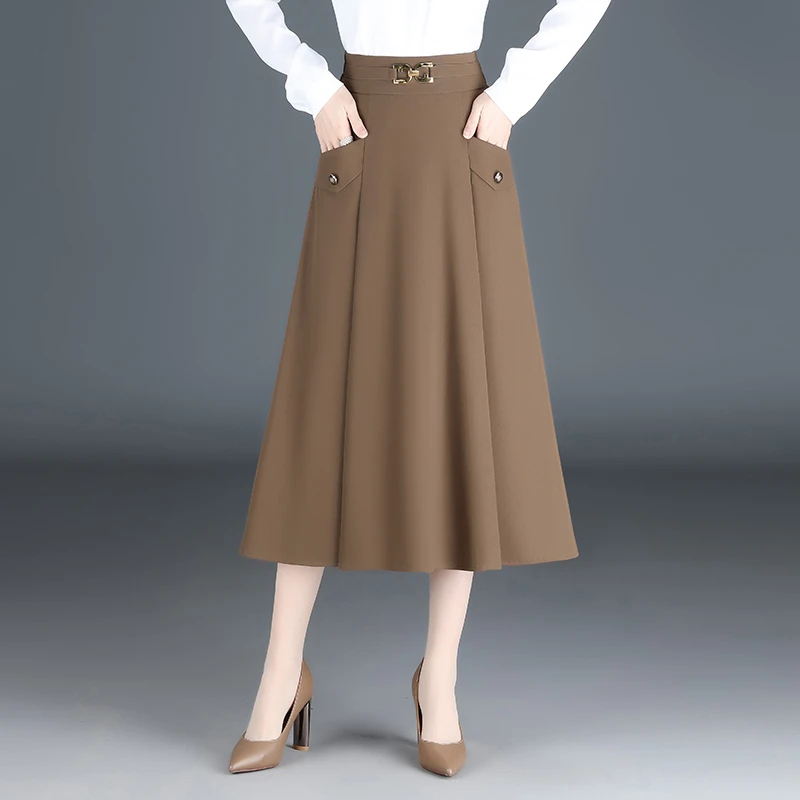 时尚通勤半身裙女a字裙高腰春秋新款显瘦垂感中长款百褶裙子