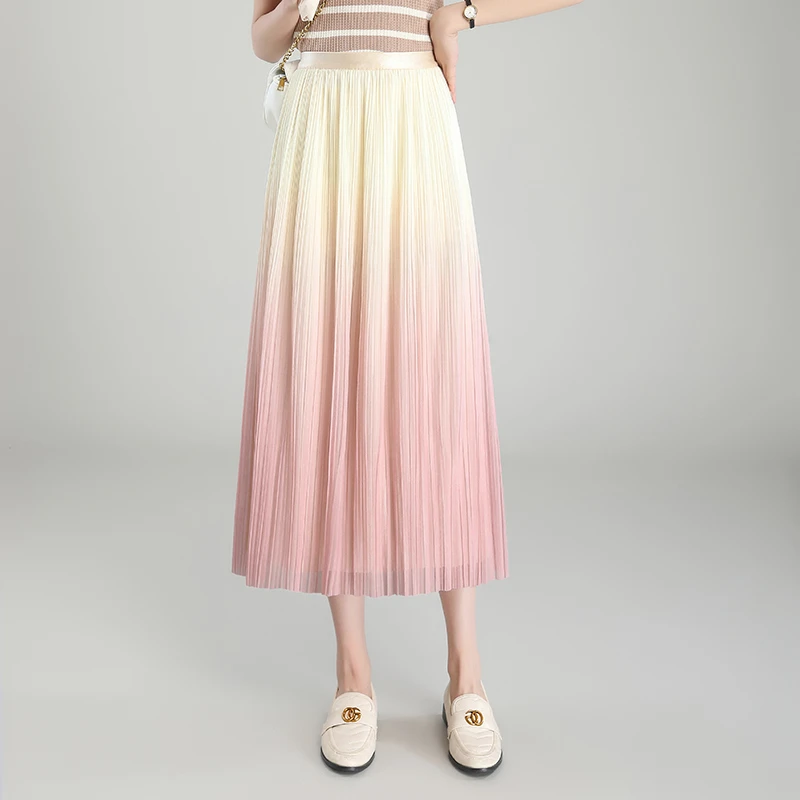 两面穿渐变网纱裙百褶裙女春秋2024新款半身裙中长显瘦减龄a字裙