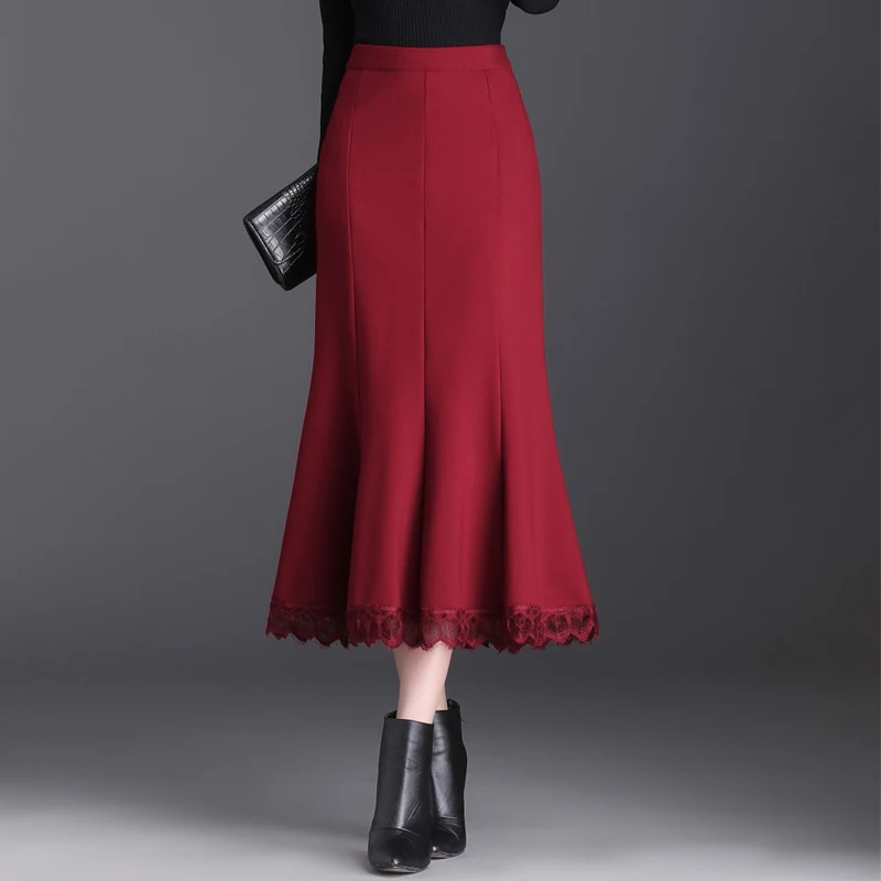 蕾丝边鱼尾包臀半身裙中长款2024秋冬新款高腰一步裙中长款职业裙