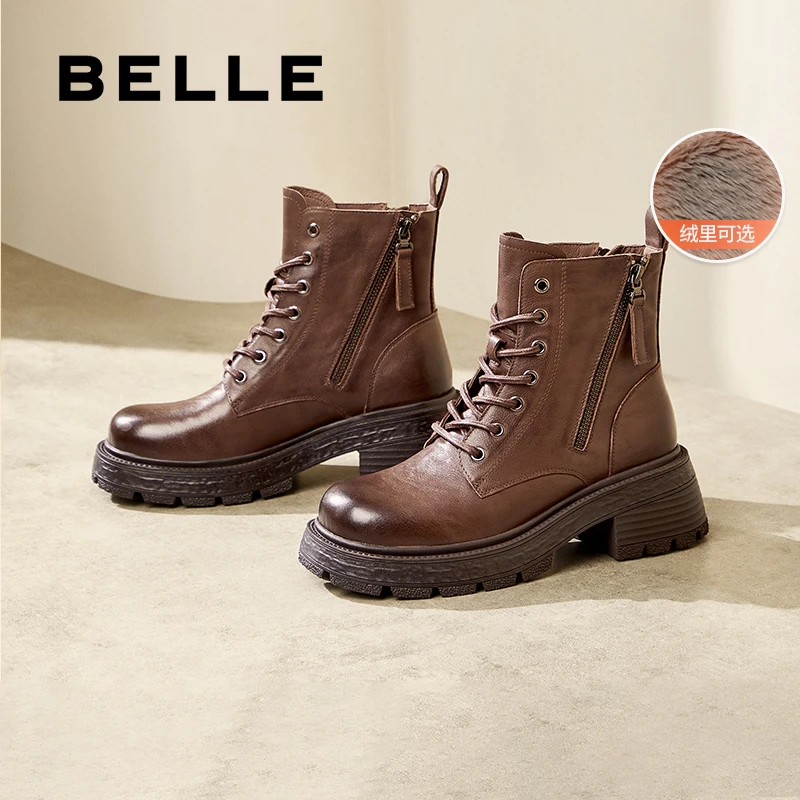百丽时尚复古马丁靴女冬新商场同款真皮英伦风短筒靴D3F1DDD4