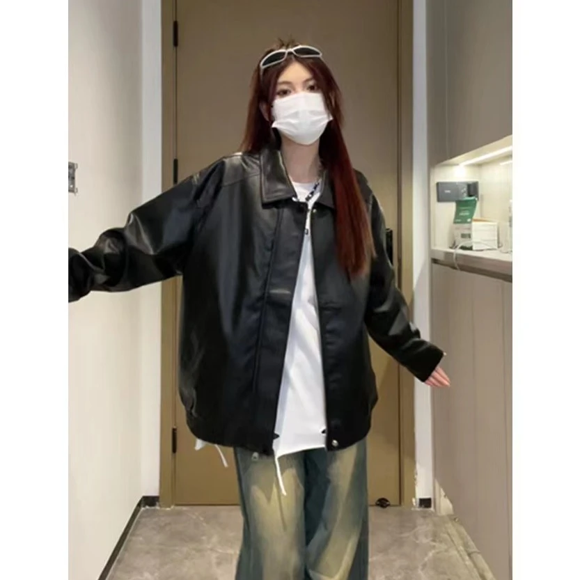 春秋季外套男女机车风皮衣高级感宽松美式复古翻领皮潮牌夹克