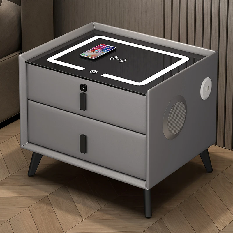 智能床头柜现代简约床边柜轻奢家用皮质储物柜无线充电蓝牙收纳柜