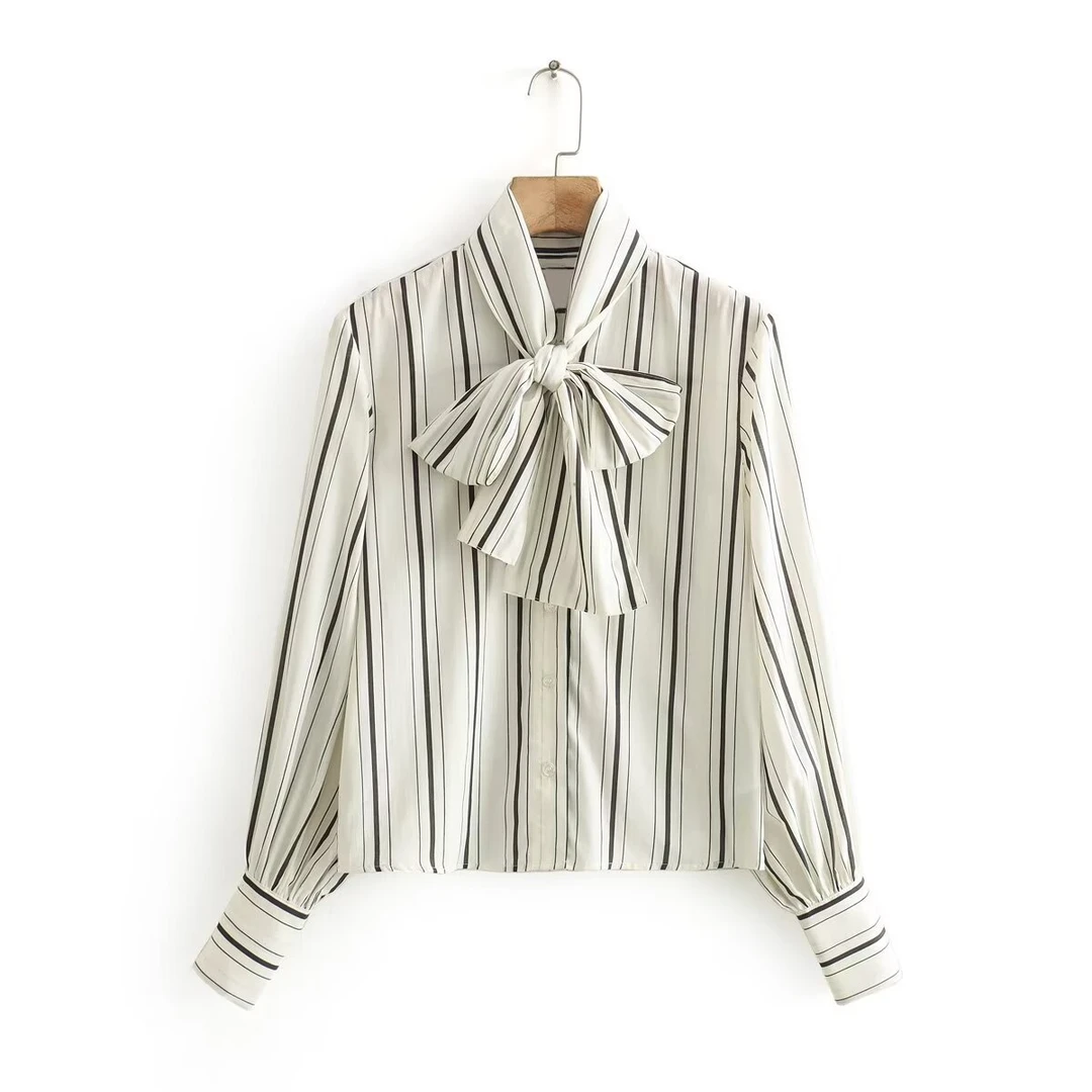 气质时尚气质系蝴蝶结领条纹灯笼袖衬衫女高贵时髦上衣2024春秋季