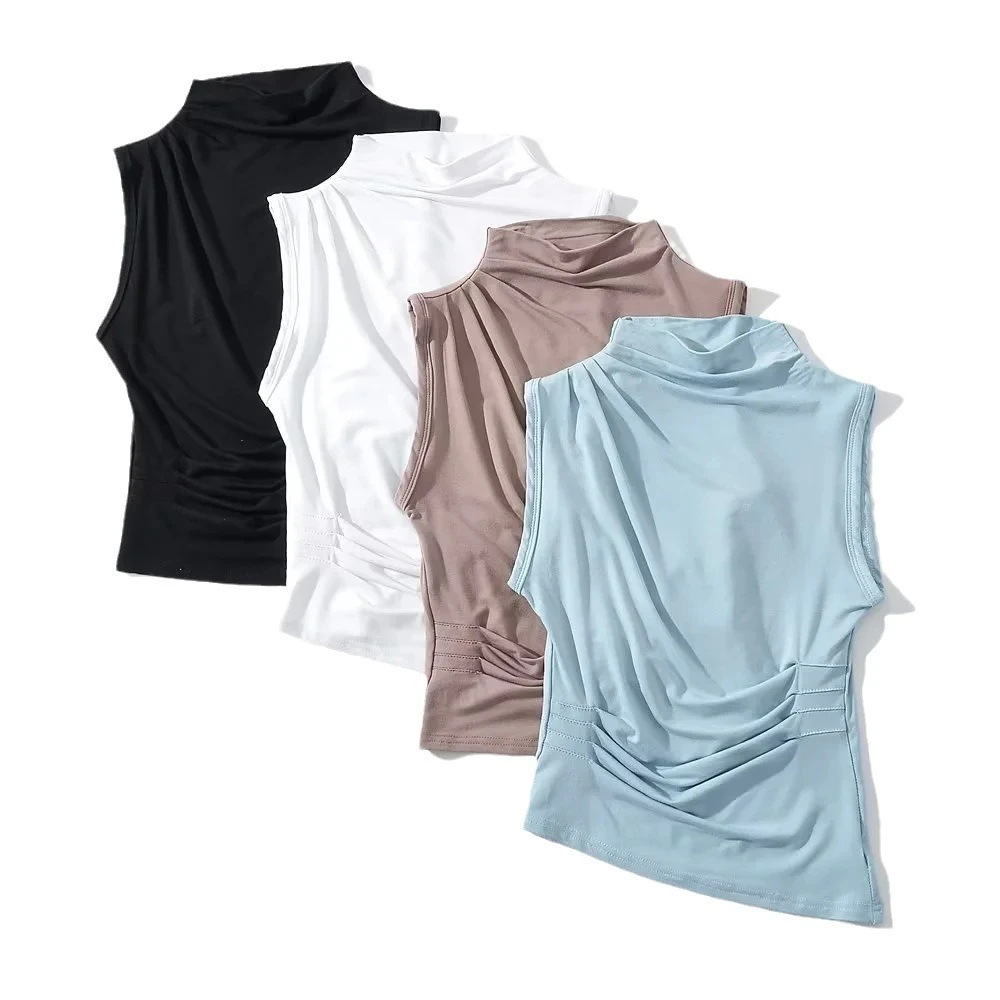 美式纯欲辣妹风高端修身显瘦不规则褶皱小高领无袖背心女T恤夏季
