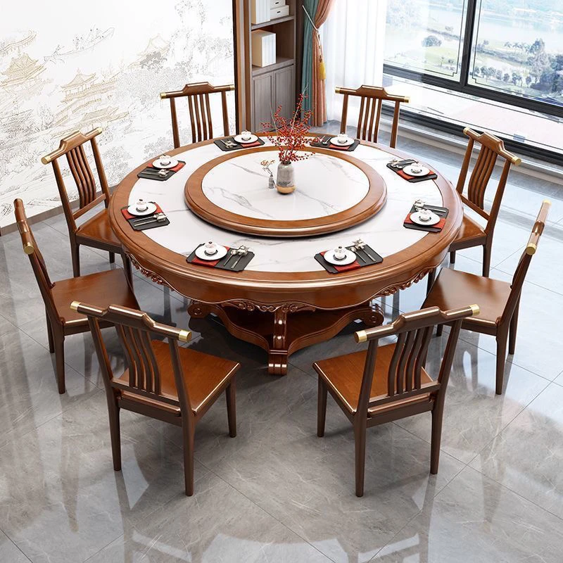 新中式亮光岩板餐桌椅组合小户型家用圆形实木大圆桌酒店吃饭桌子