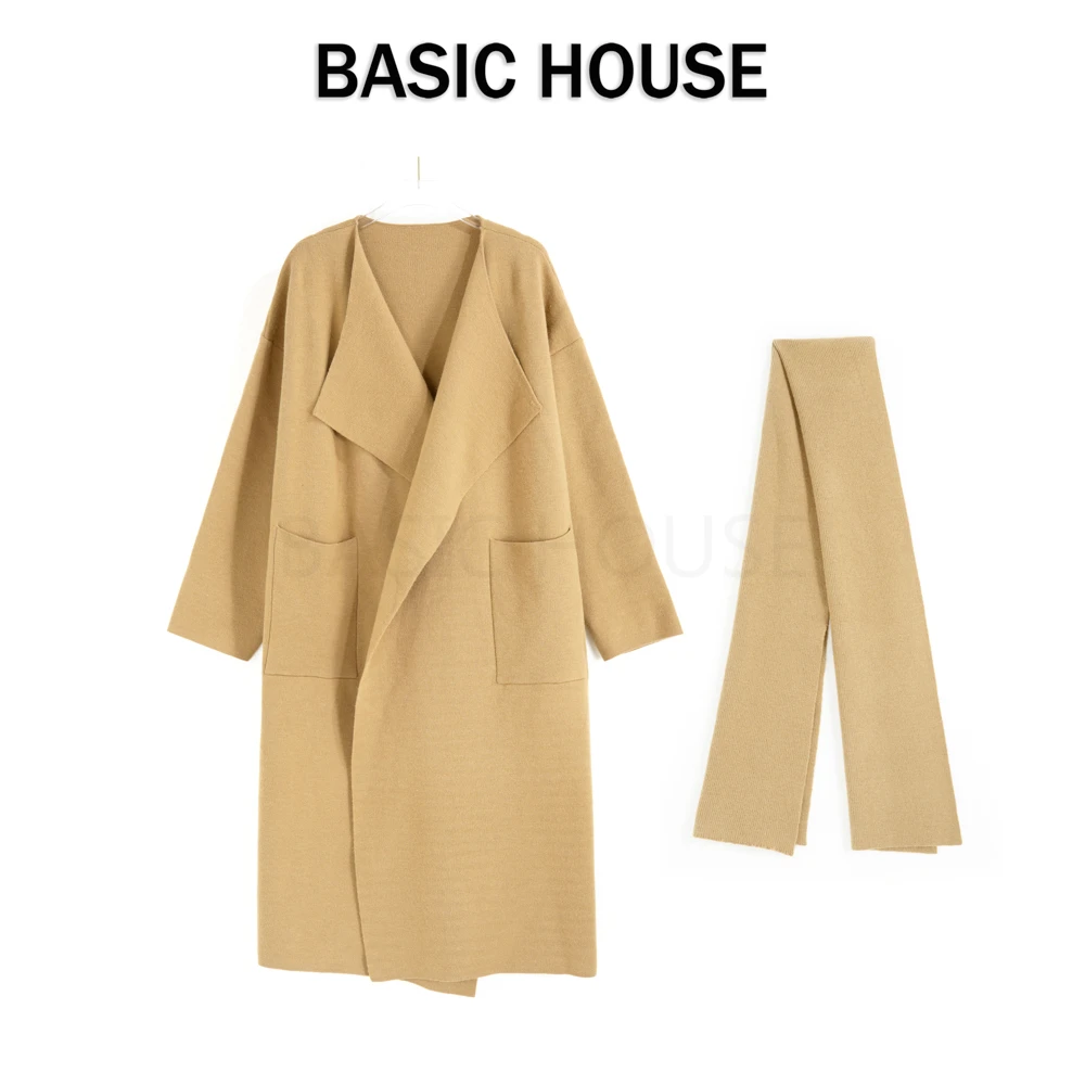 Basic House/百家好25年新款气质极简翻领长款毛衣外套