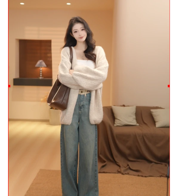 Basic House/百家好秋冬新款时尚百搭V领针织开衫毛衣