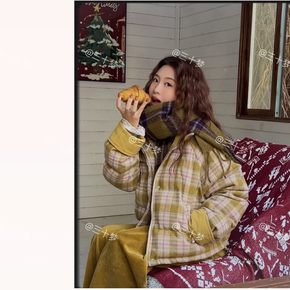 【三十梦】设计感加厚短款外套女冬韩系复古格子立领白鸭绒羽绒服