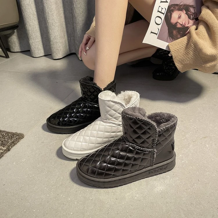 雪地靴女短筒皮面防水防滑加绒冬季棉鞋女加厚保暖厚底东北雪地棉